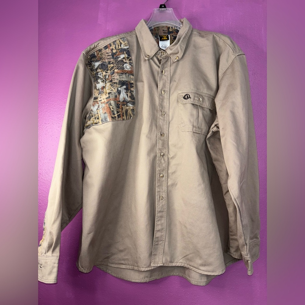 Men's Tan Button-Down Shirt with Camo Detail